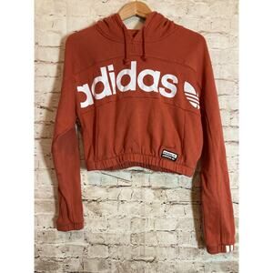 Adidas Cropped Sweatshirt Womens Medium Rust Orange Hooded Streetwear Logo